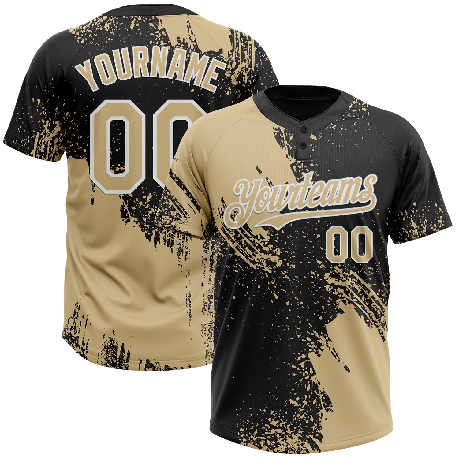 Custom Vegas Gold Black-White 3D Pattern Abstract Brush Stroke Two-Button Unisex Softball Jersey