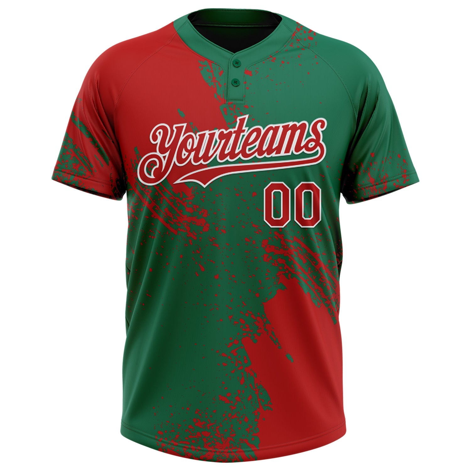 Custom Red Kelly Green-White 3D Pattern Abstract Brush Stroke Two-Button Unisex Softball Jersey