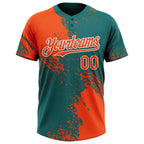 Custom Orange Teal-White 3D Pattern Abstract Brush Stroke Two-Button Unisex Softball Jersey