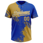 Custom Old Gold Thunder Blue-White 3D Pattern Abstract Brush Stroke Two-Button Unisex Softball Jersey