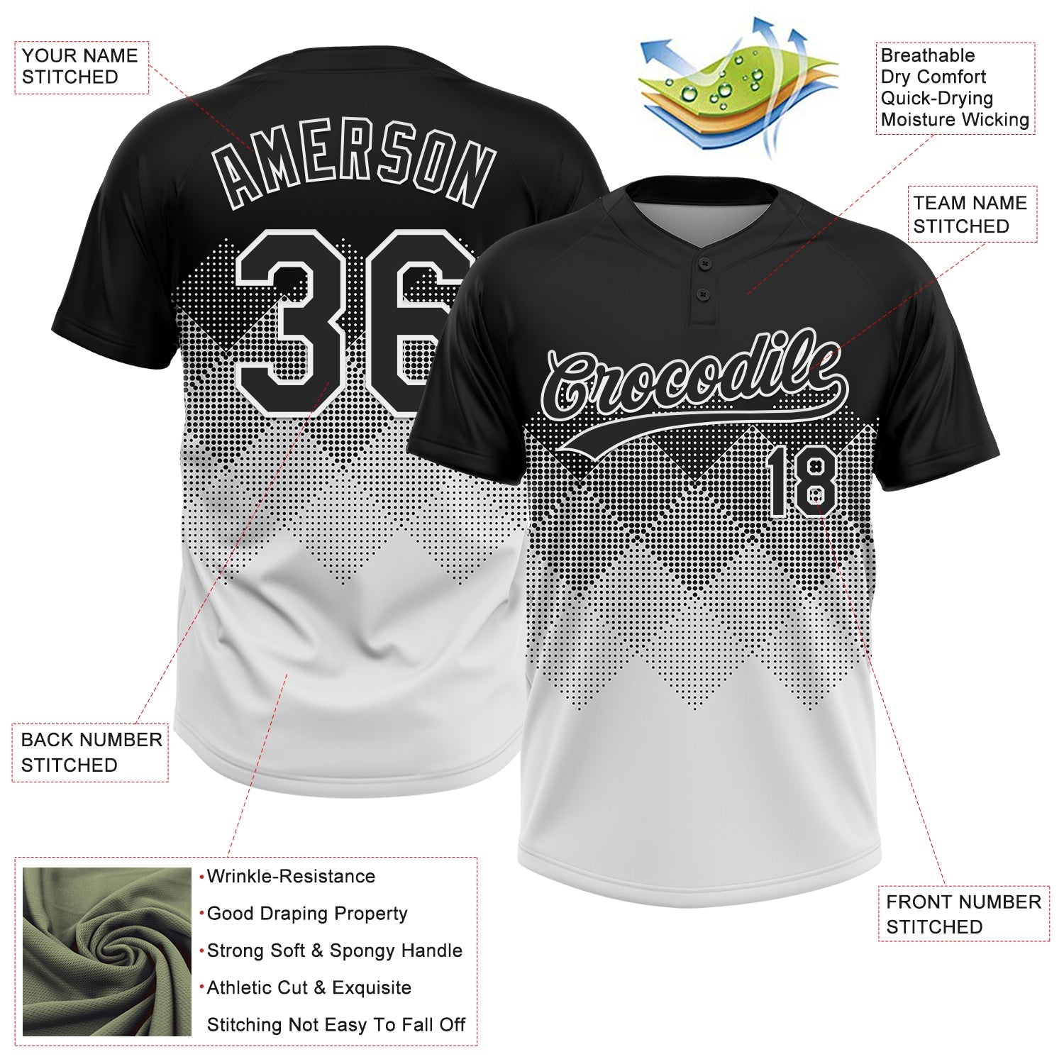 Custom Black White 3D Gradient Square Shape Two-Button Unisex Softball Jersey