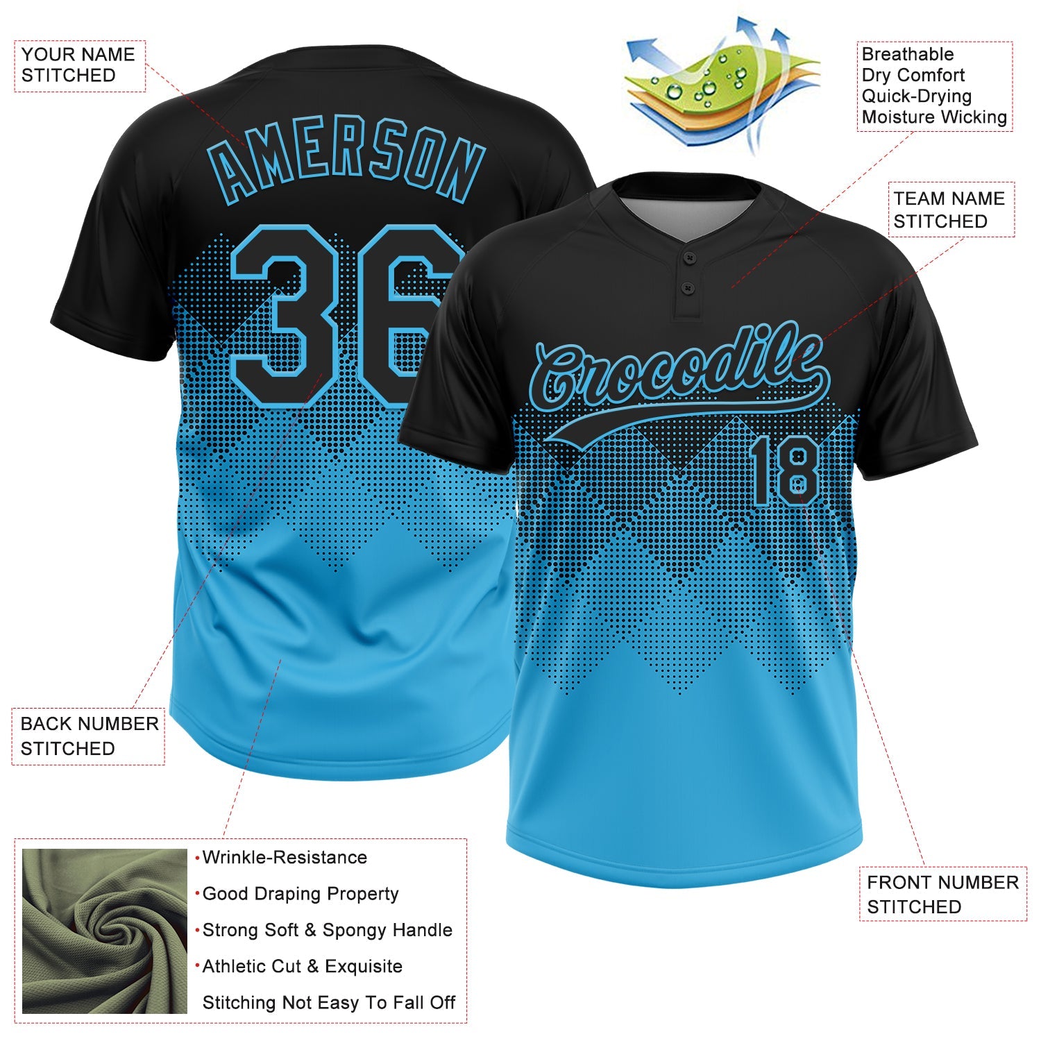 Custom Black Sky Blue 3D Gradient Square Shape Two-Button Unisex Softball Jersey
