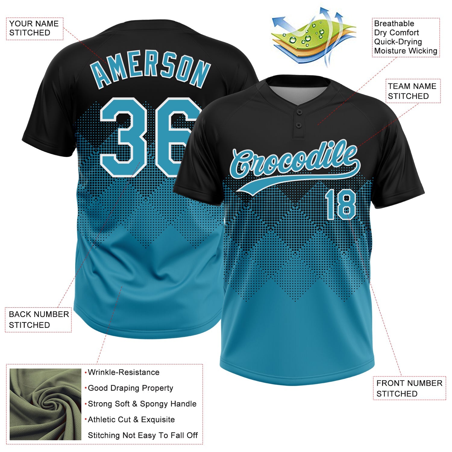 Custom Black Panther Blue-White 3D Gradient Square Shape Two-Button Unisex Softball Jersey