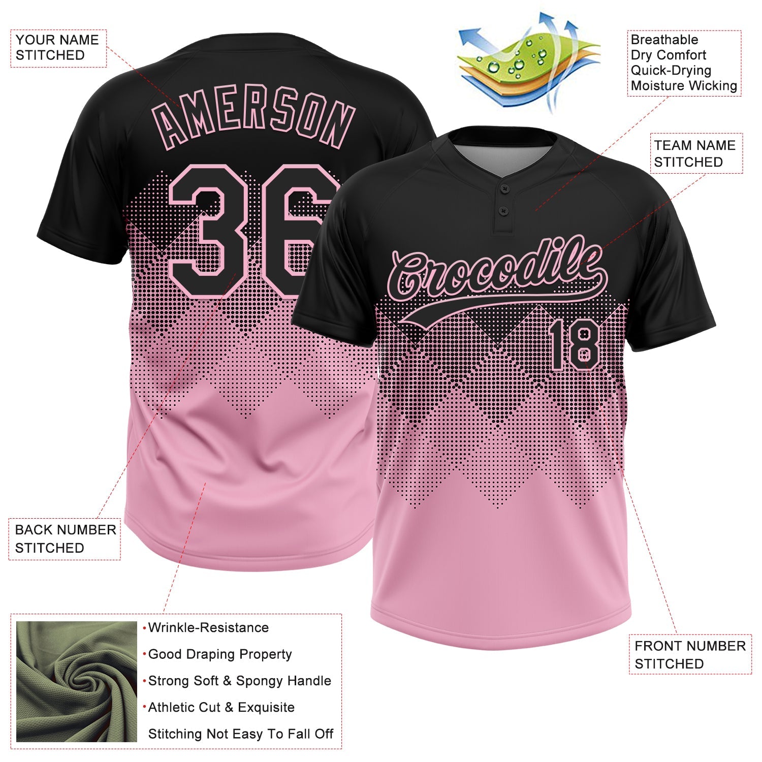 Custom Black Light Pink 3D Gradient Square Shape Two-Button Unisex Softball Jersey