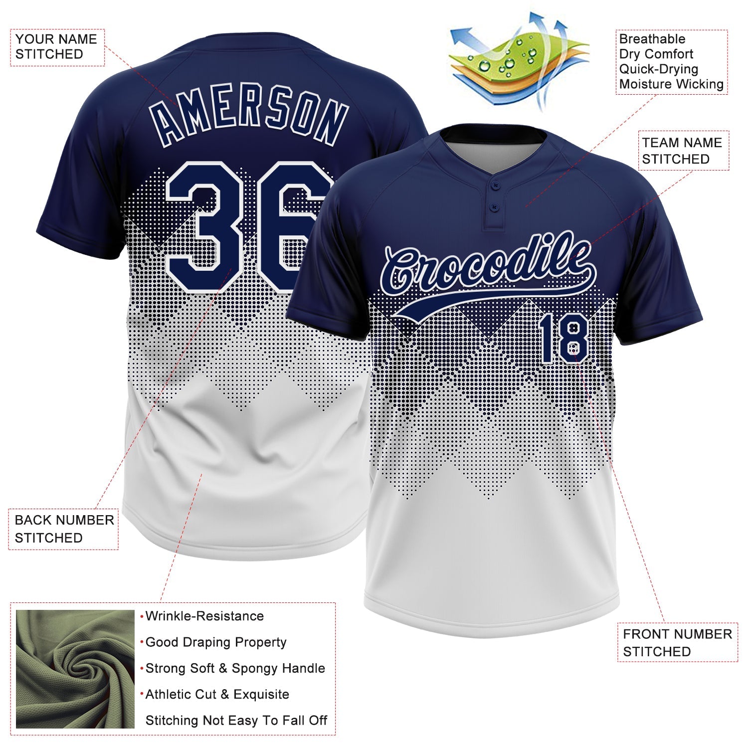 Custom Navy White 3D Gradient Square Shape Two-Button Unisex Softball Jersey