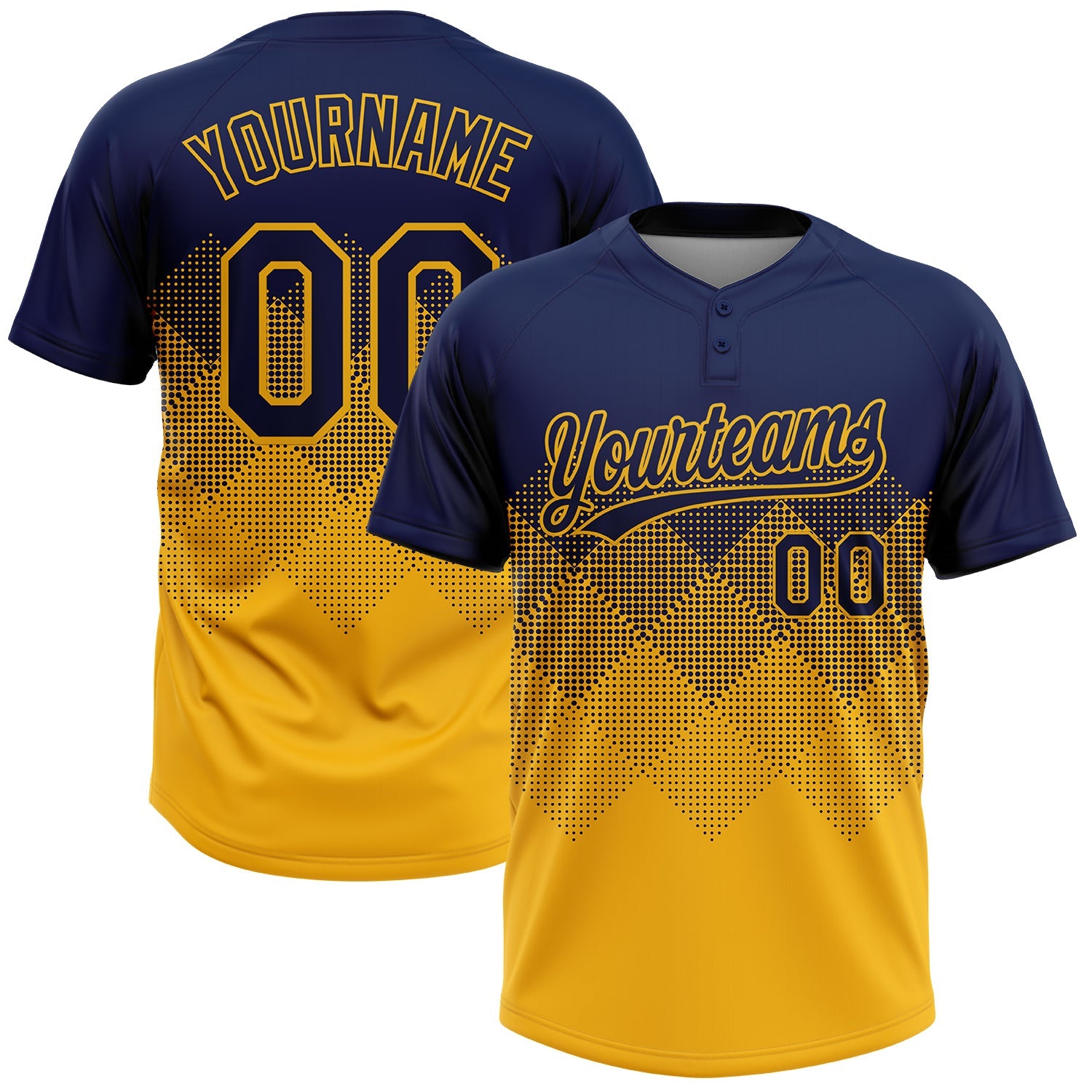 Custom Navy Gold 3D Gradient Square Shape Two-Button Unisex Softball Jersey