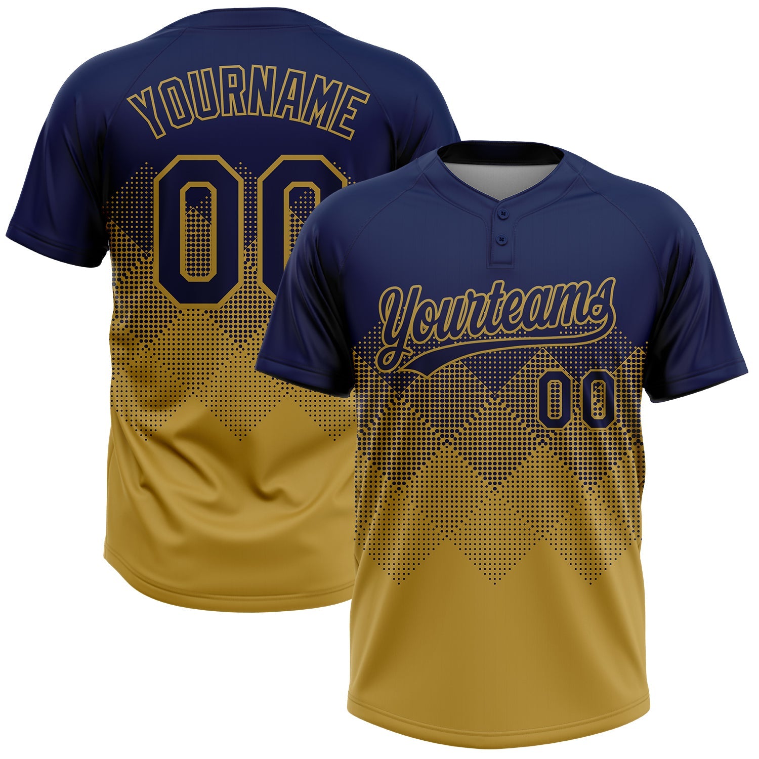 Custom Navy Old Gold 3D Gradient Square Shape Two-Button Unisex Softball Jersey