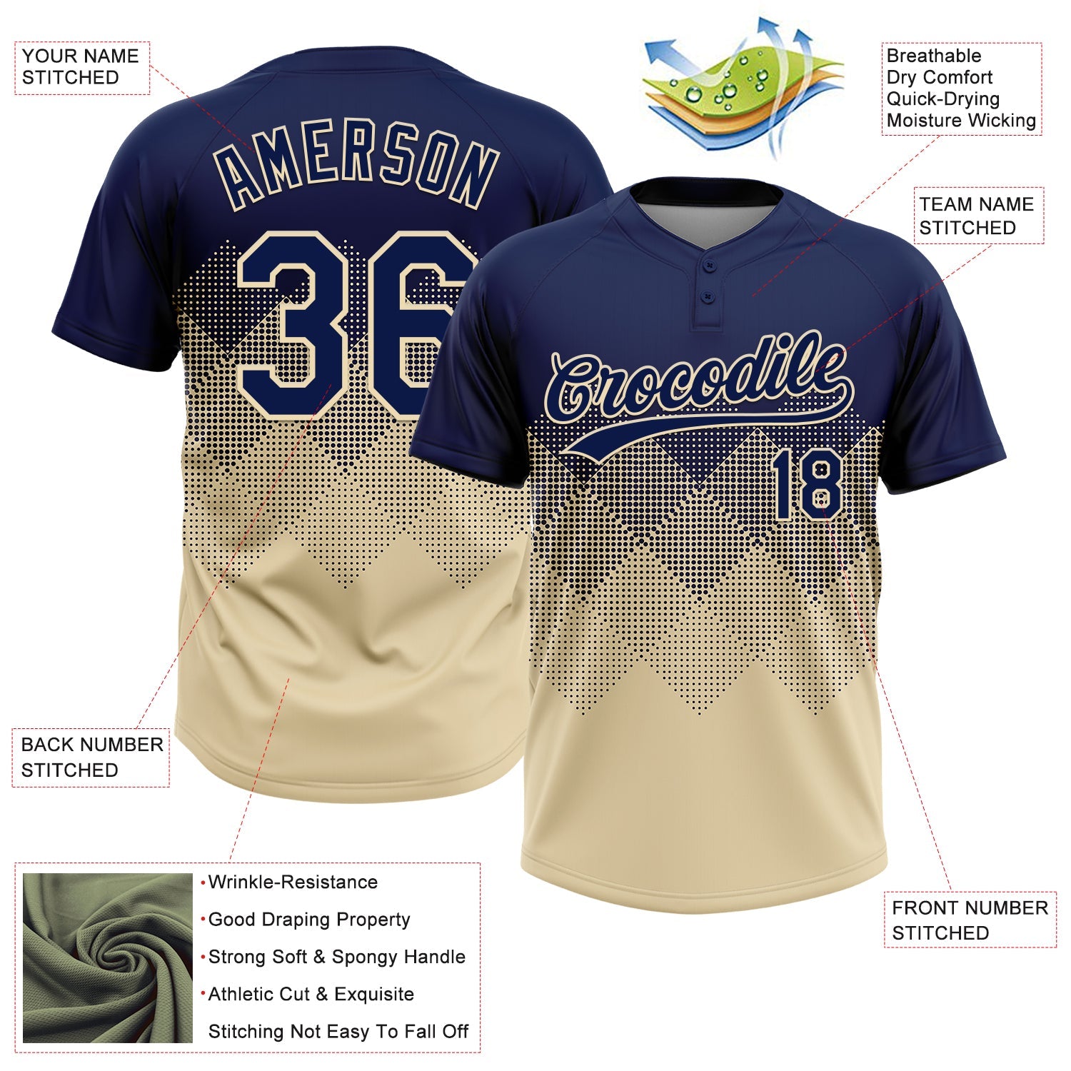 Custom Navy Cream 3D Gradient Square Shape Two-Button Unisex Softball Jersey