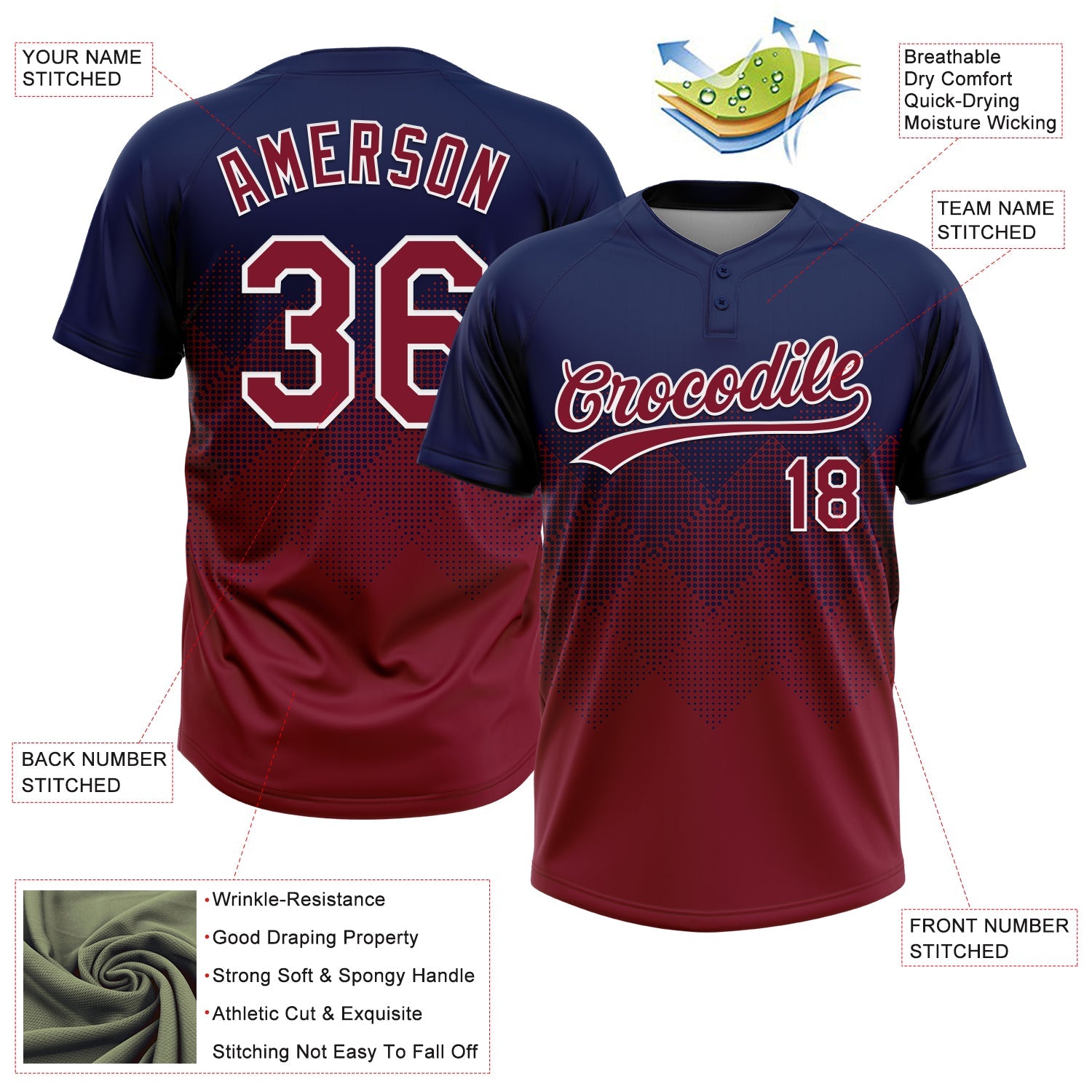 Custom Navy Crimson-White 3D Gradient Square Shape Two-Button Unisex Softball Jersey