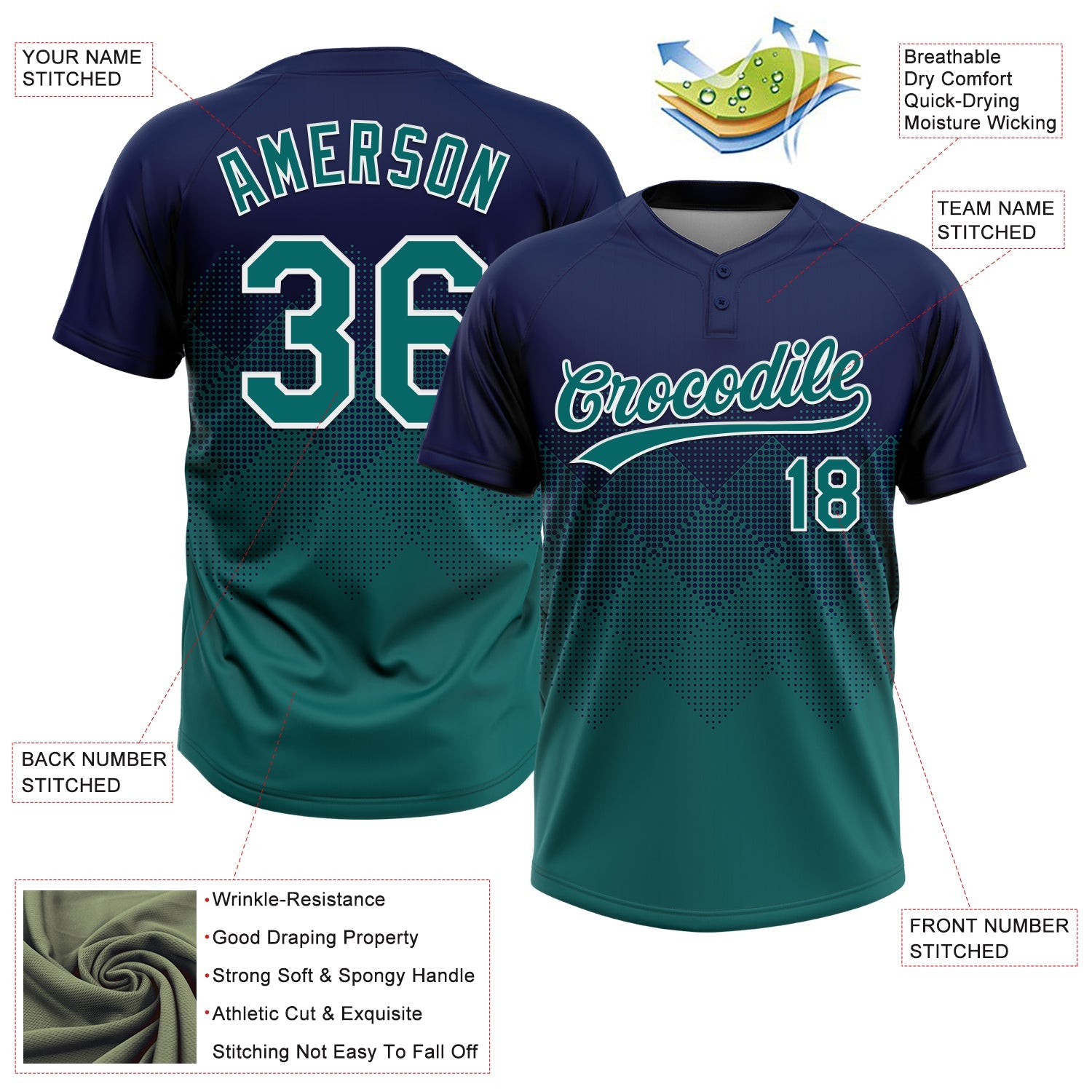 Custom Navy Teal-White 3D Gradient Square Shape Two-Button Unisex Softball Jersey