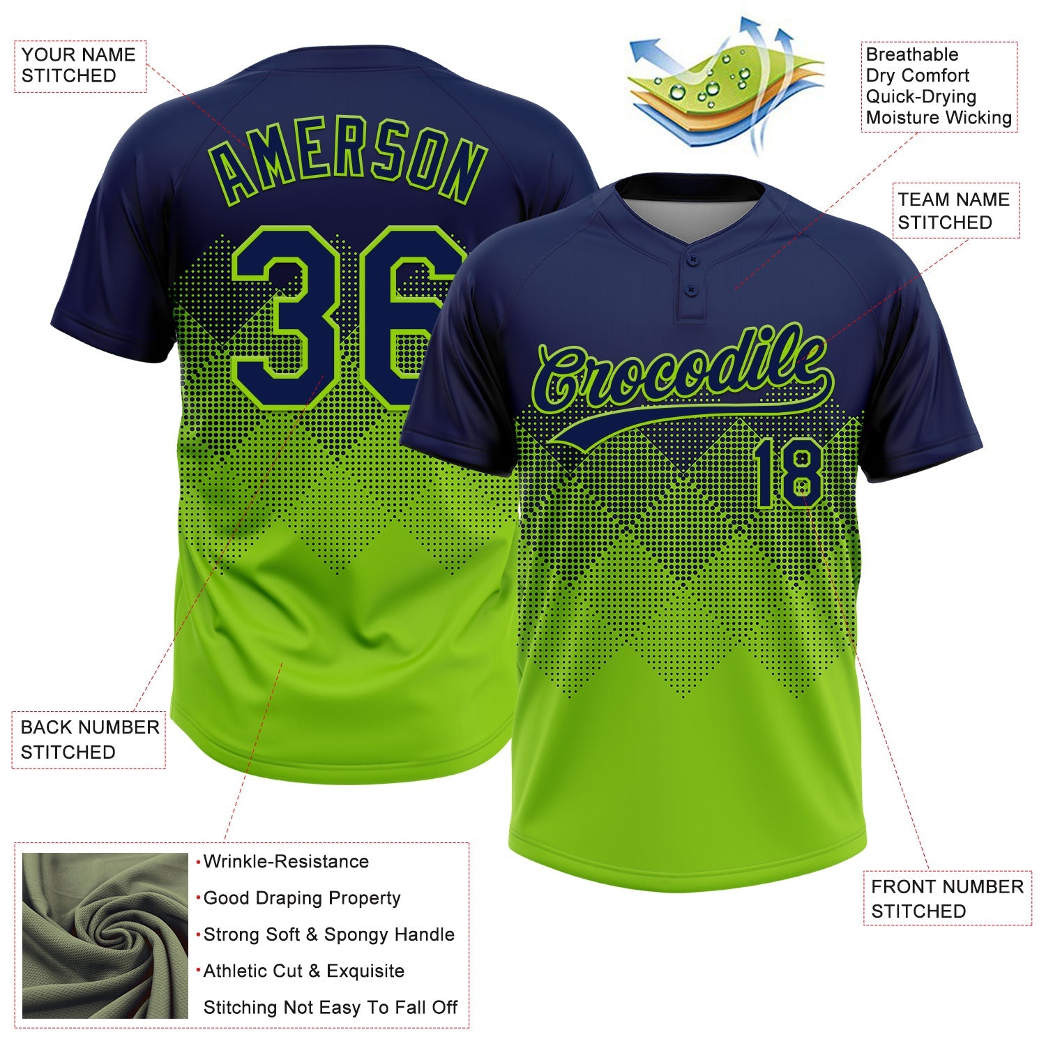 Custom Navy Neon Green 3D Gradient Square Shape Two-Button Unisex Softball Jersey