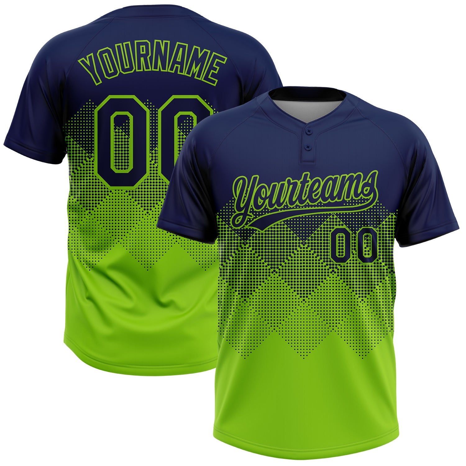 Custom Navy Neon Green 3D Gradient Square Shape Two-Button Unisex Softball Jersey