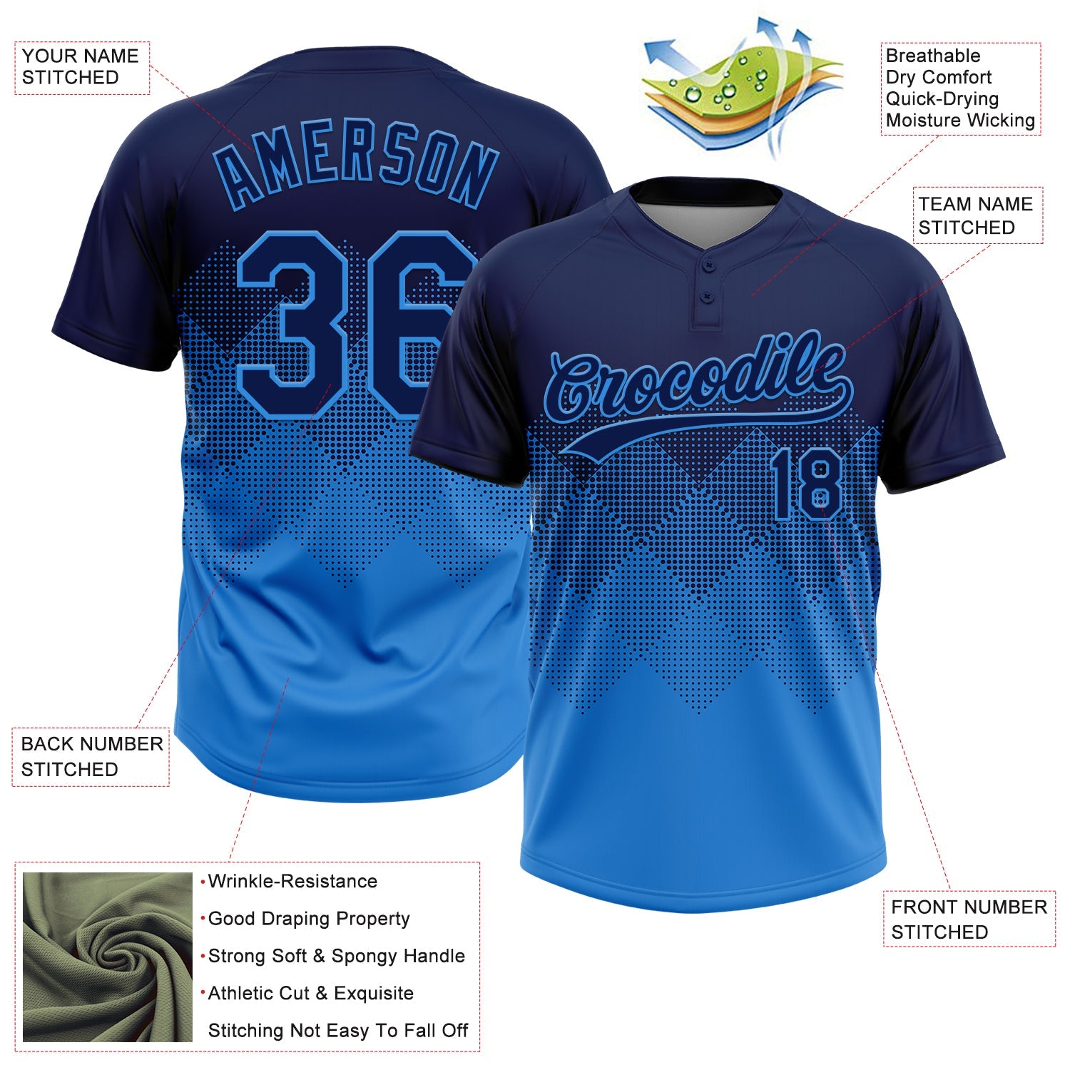 Custom Navy Electric Blue 3D Gradient Square Shape Two-Button Unisex Softball Jersey