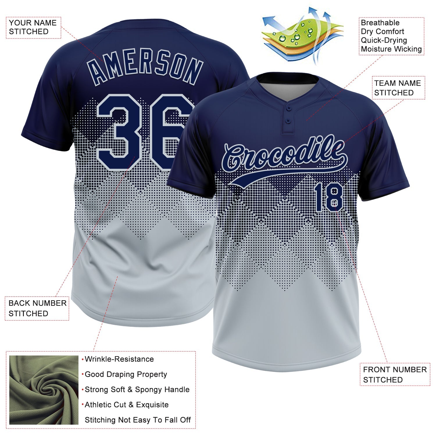 Custom Navy Silver 3D Gradient Square Shape Two-Button Unisex Softball Jersey