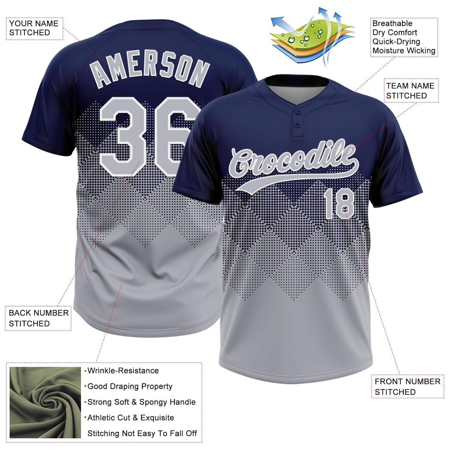 Custom Navy Gray-White 3D Gradient Square Shape Two-Button Unisex Softball Jersey