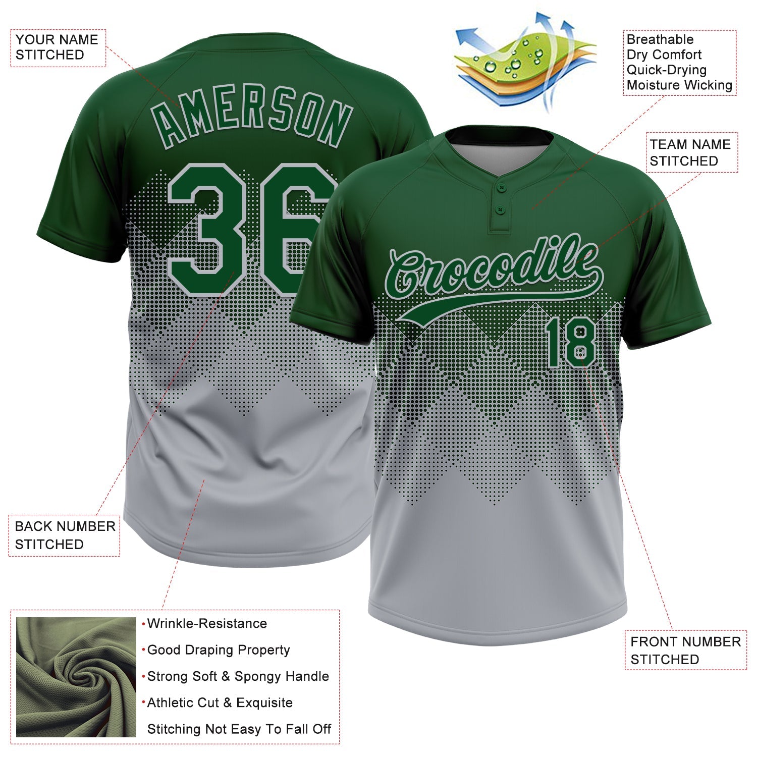 Custom Green Gray 3D Gradient Square Shape Two-Button Unisex Softball Jersey