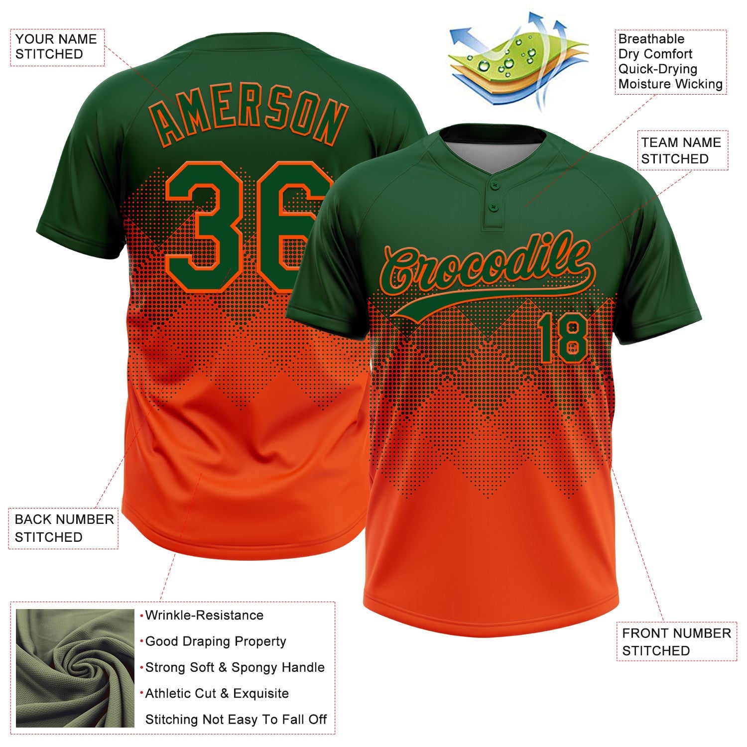 Custom Green Orange 3D Gradient Square Shape Two-Button Unisex Softball Jersey
