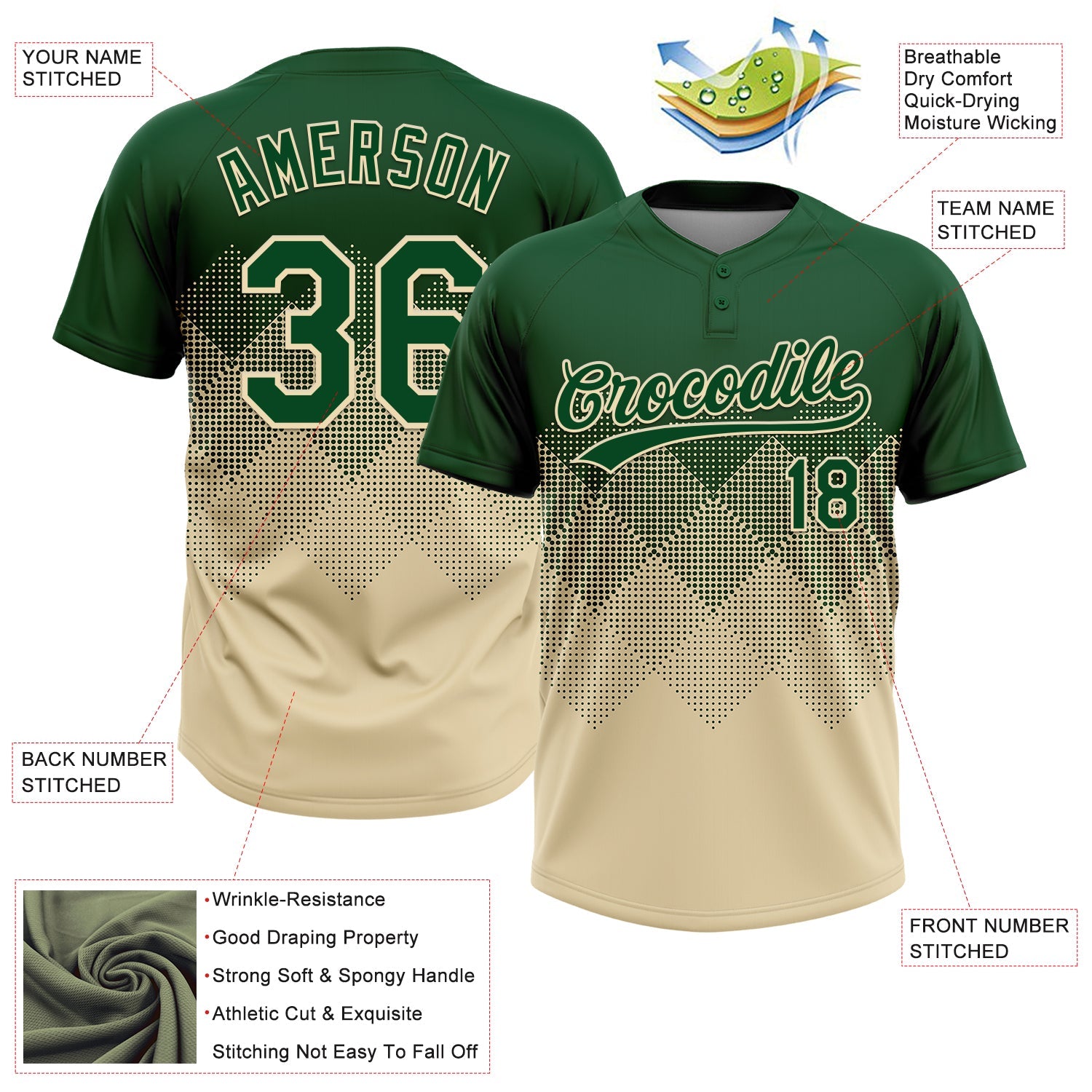 Custom Green Cream 3D Gradient Square Shape Two-Button Unisex Softball Jersey