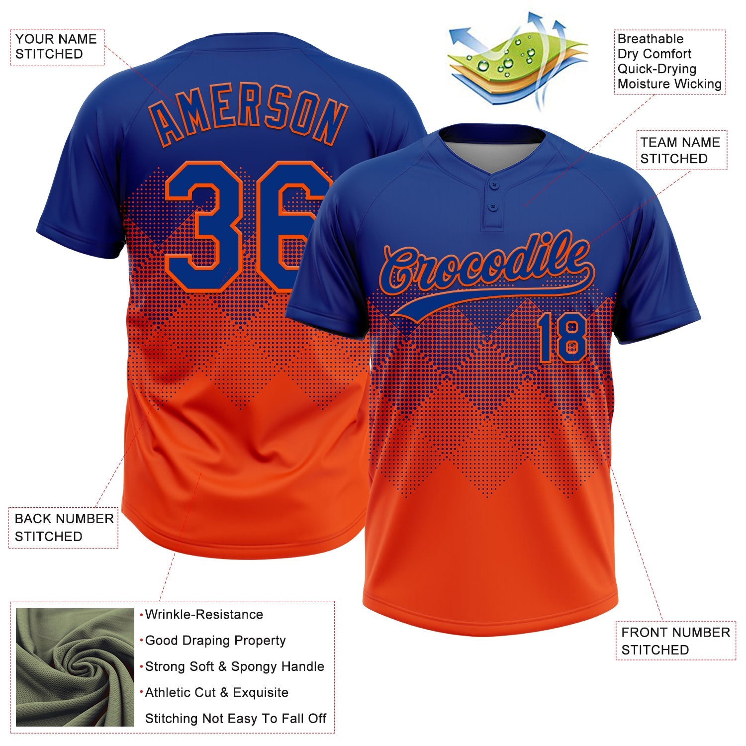 Custom Royal Orange 3D Gradient Square Shape Two-Button Unisex Softball Jersey