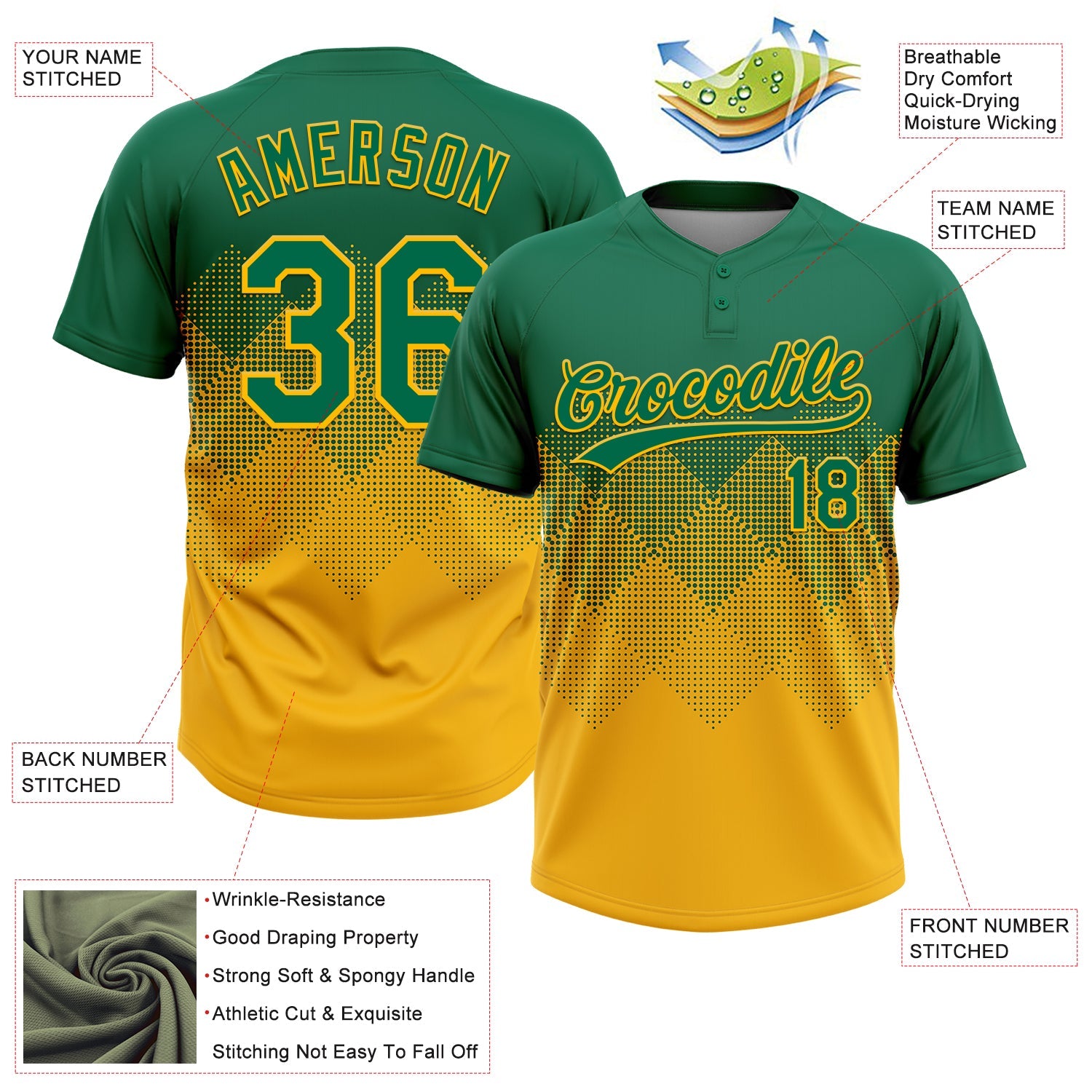 Custom Kelly Green Gold 3D Gradient Square Shape Two-Button Unisex Softball Jersey