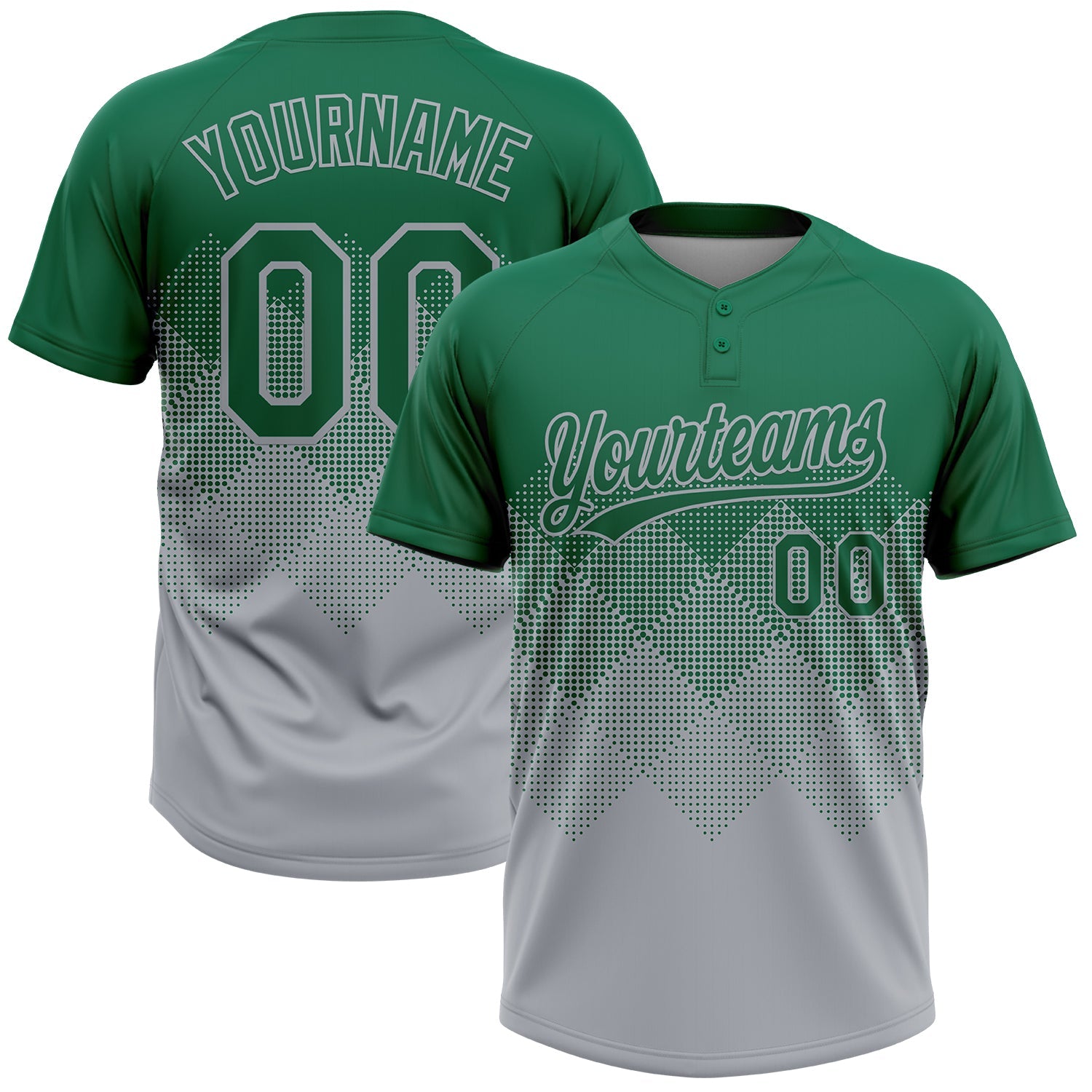 Custom Kelly Green Gray 3D Gradient Square Shape Two-Button Unisex Softball Jersey