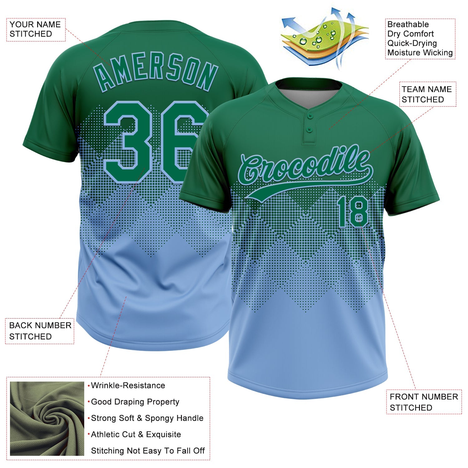 Custom Kelly Green Light Blue 3D Gradient Square Shape Two-Button Unisex Softball Jersey