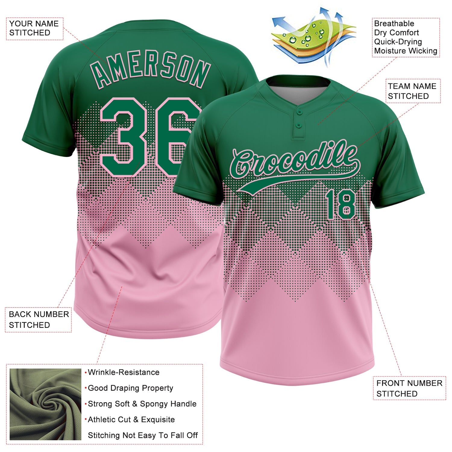 Custom Kelly Green Light Pink 3D Gradient Square Shape Two-Button Unisex Softball Jersey