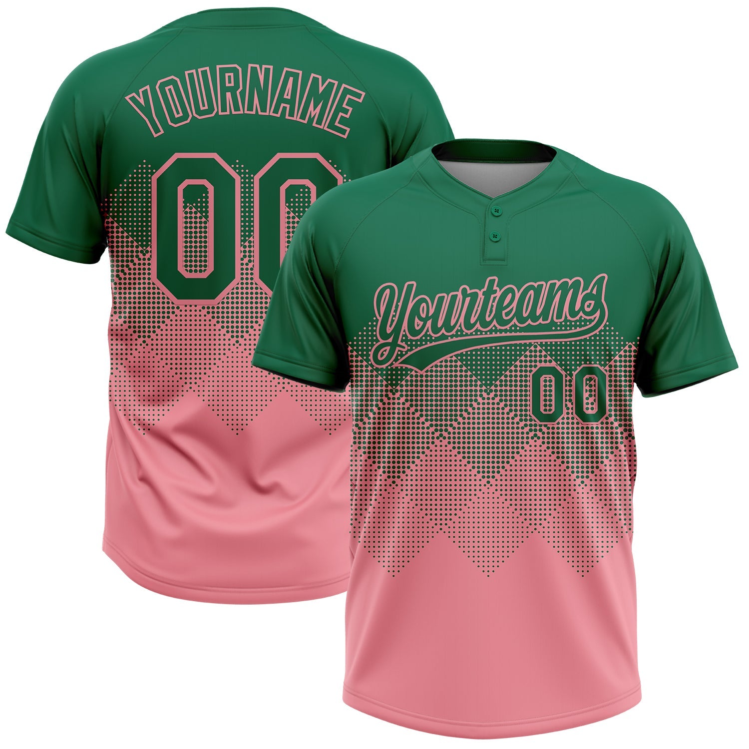 Custom Kelly Green Medium Pink 3D Gradient Square Shape Two-Button Unisex Softball Jersey