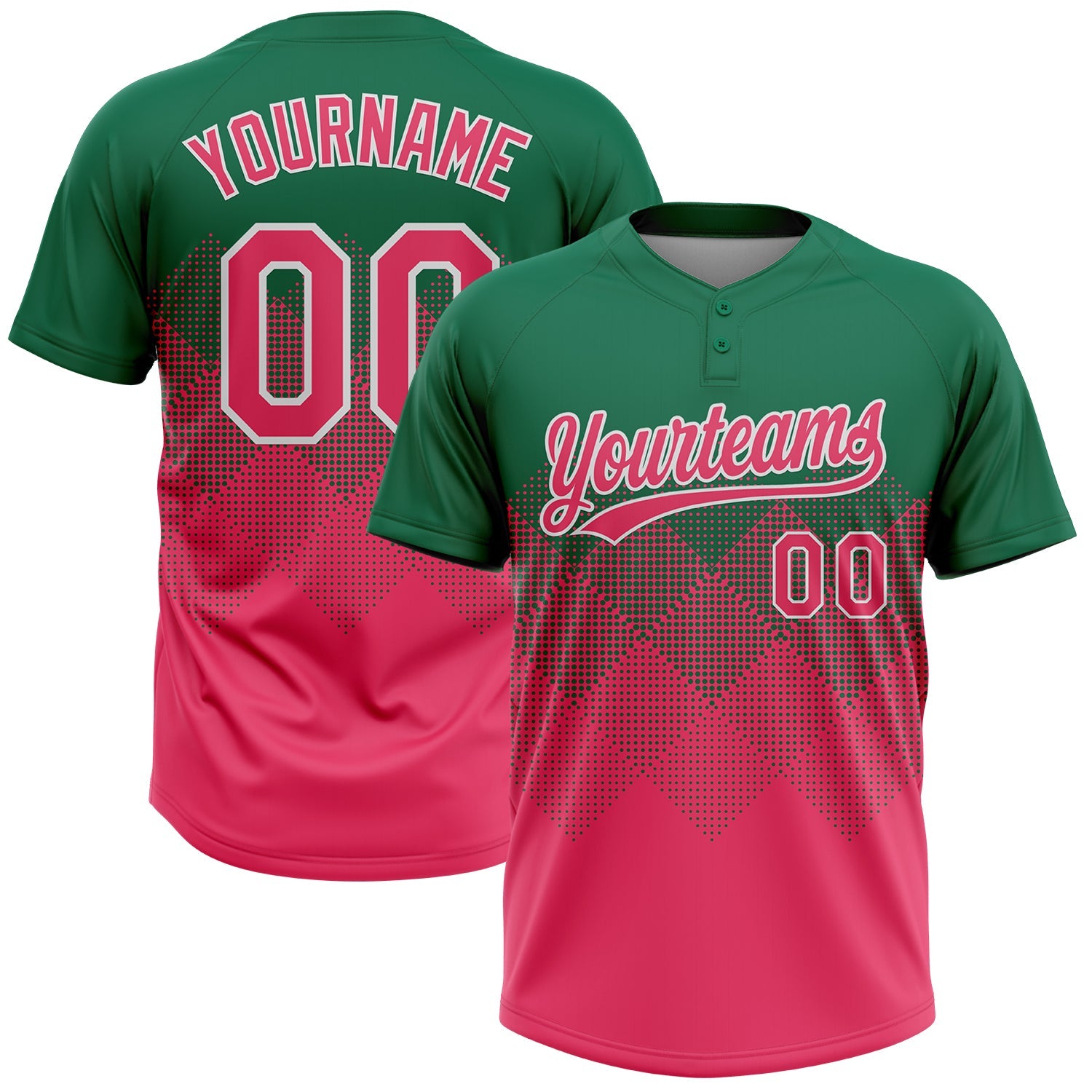 Custom Kelly Green Neon Pink-White 3D Gradient Square Shape Two-Button Unisex Softball Jersey