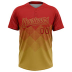 Custom Red Old Gold 3D Gradient Square Shape Two-Button Unisex Softball Jersey