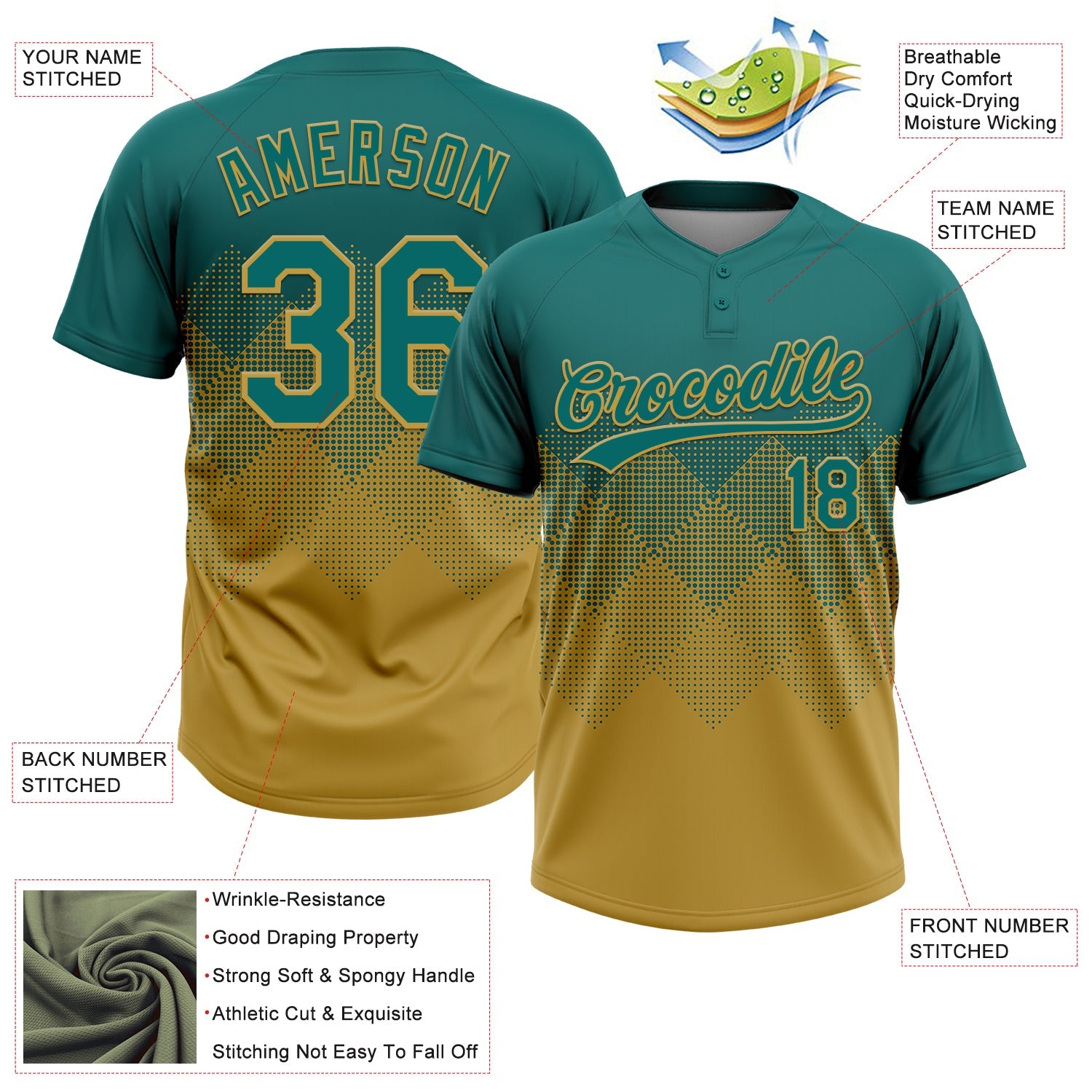 Custom Teal Old Gold 3D Gradient Square Shape Two-Button Unisex Softball Jersey