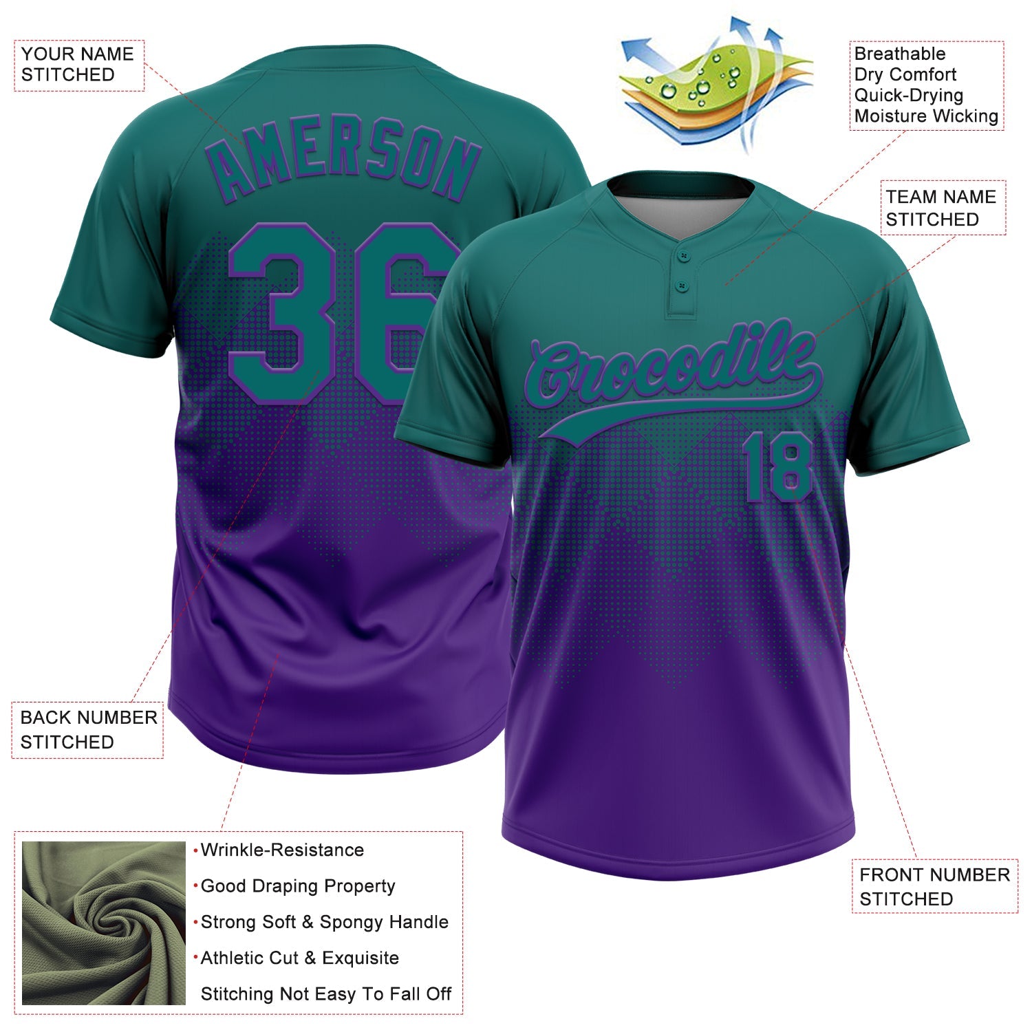Custom Teal Purple 3D Gradient Square Shape Two-Button Unisex Softball Jersey
