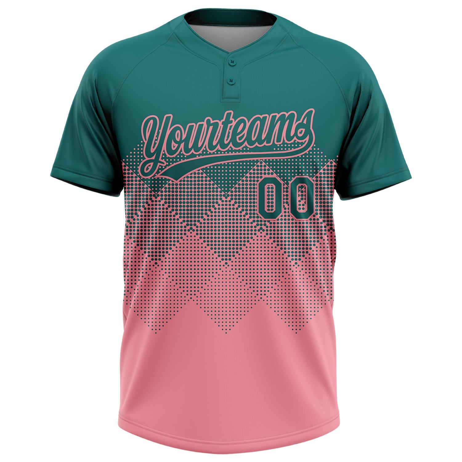Custom Teal Medium Pink 3D Gradient Square Shape Two-Button Unisex Softball Jersey