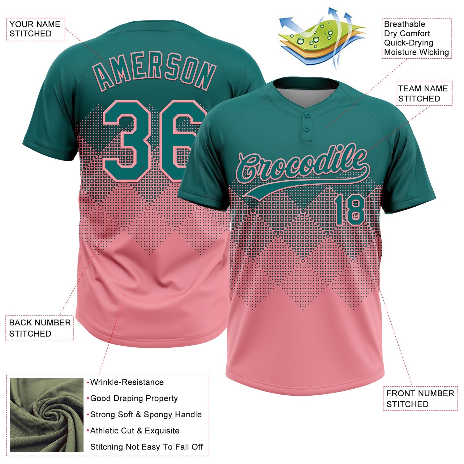 Custom Teal Medium Pink 3D Gradient Square Shape Two-Button Unisex Softball Jersey