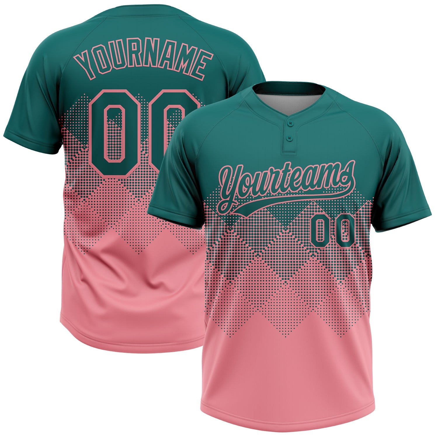 Custom Teal Medium Pink 3D Gradient Square Shape Two-Button Unisex Softball Jersey