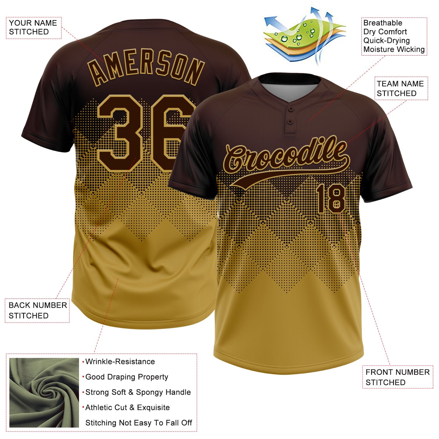 Custom Brown Old Gold 3D Gradient Square Shape Two-Button Unisex Softball Jersey