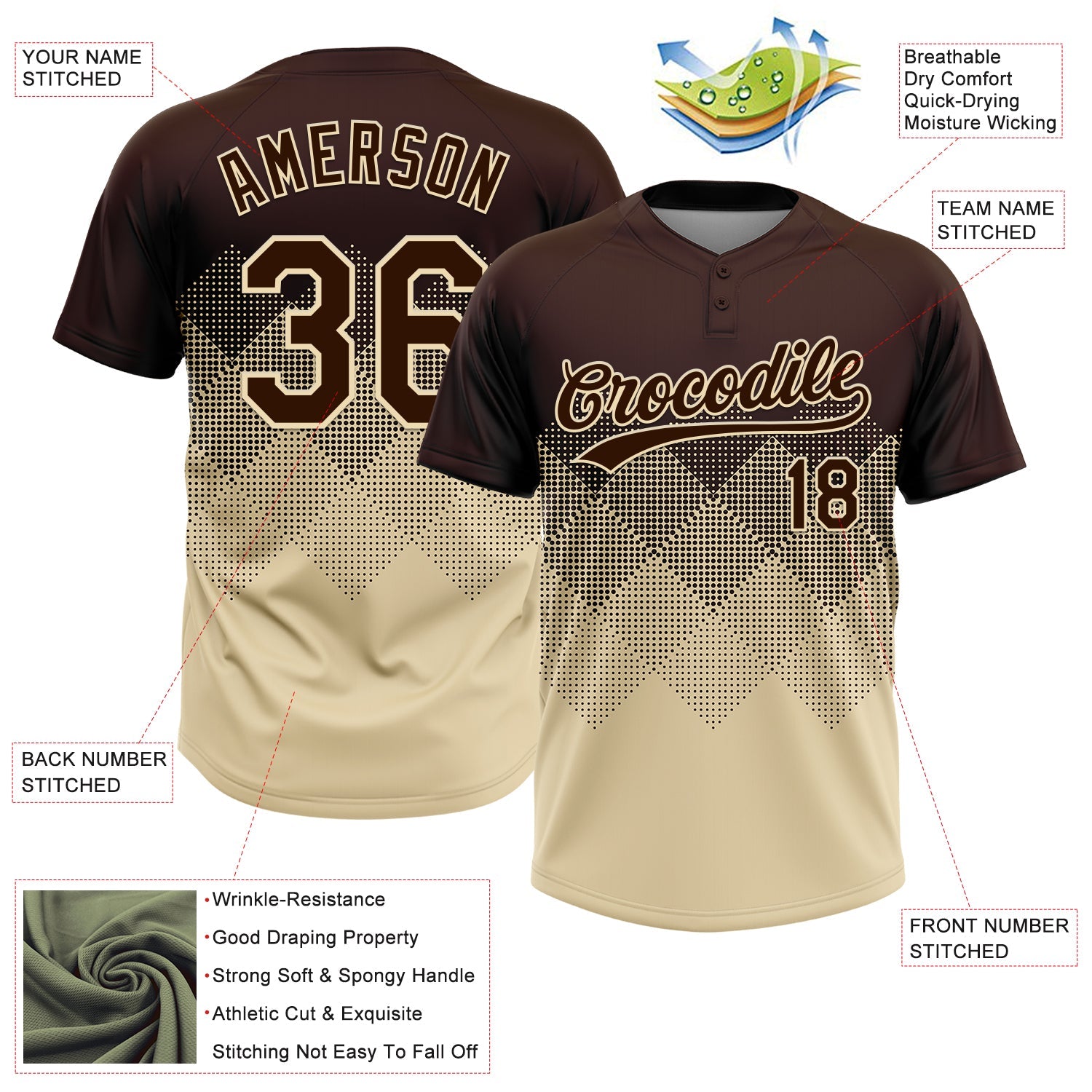 Custom Brown Cream 3D Gradient Square Shape Two-Button Unisex Softball Jersey