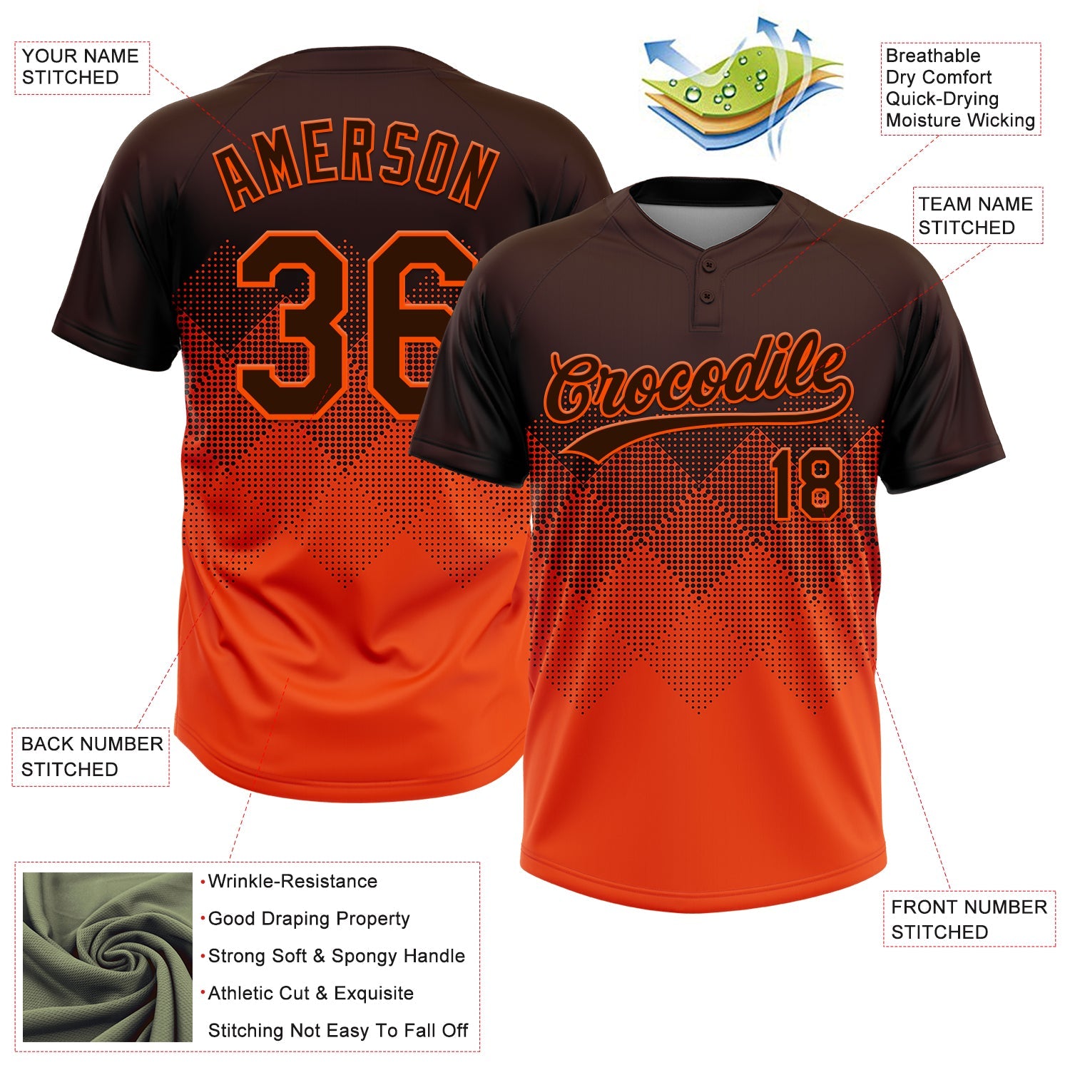 Custom Brown Orange 3D Gradient Square Shape Two-Button Unisex Softball Jersey