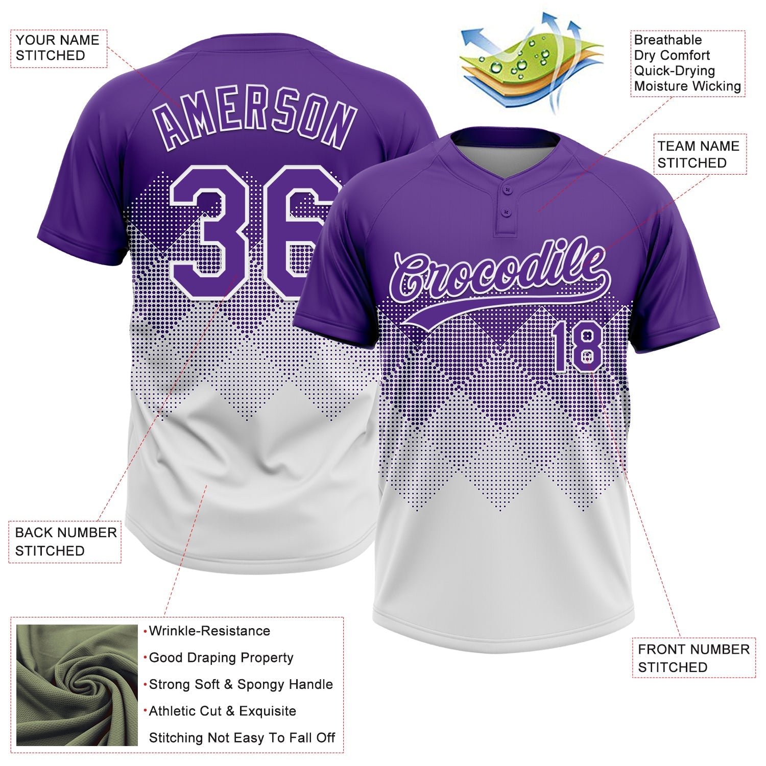 Custom Purple White 3D Gradient Square Shape Two-Button Unisex Softball Jersey