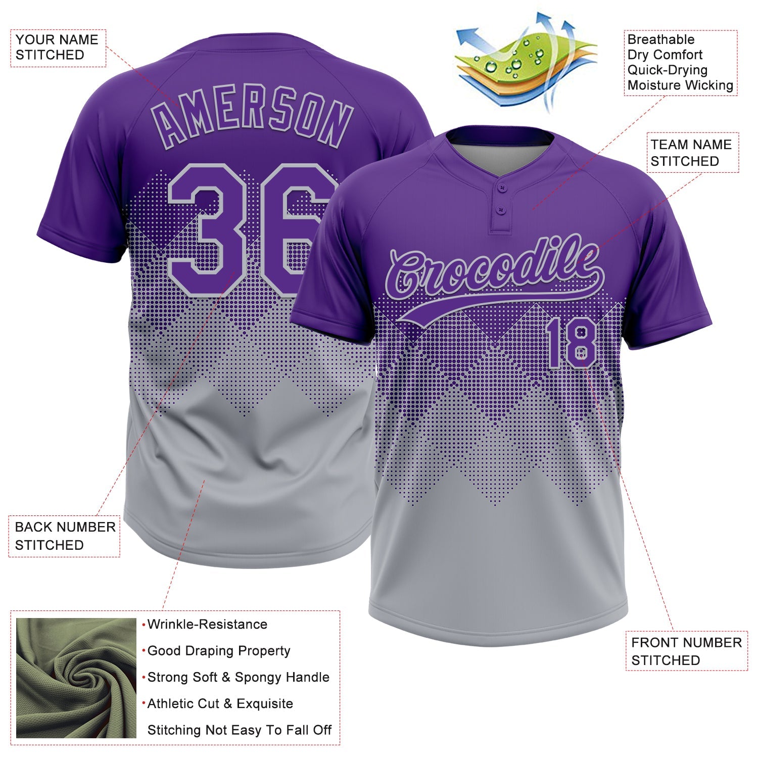 Custom Purple Gray 3D Gradient Square Shape Two-Button Unisex Softball Jersey