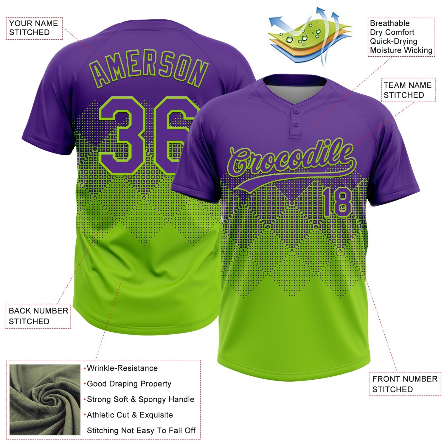 Custom Purple Neon Green 3D Gradient Square Shape Two-Button Unisex Softball Jersey