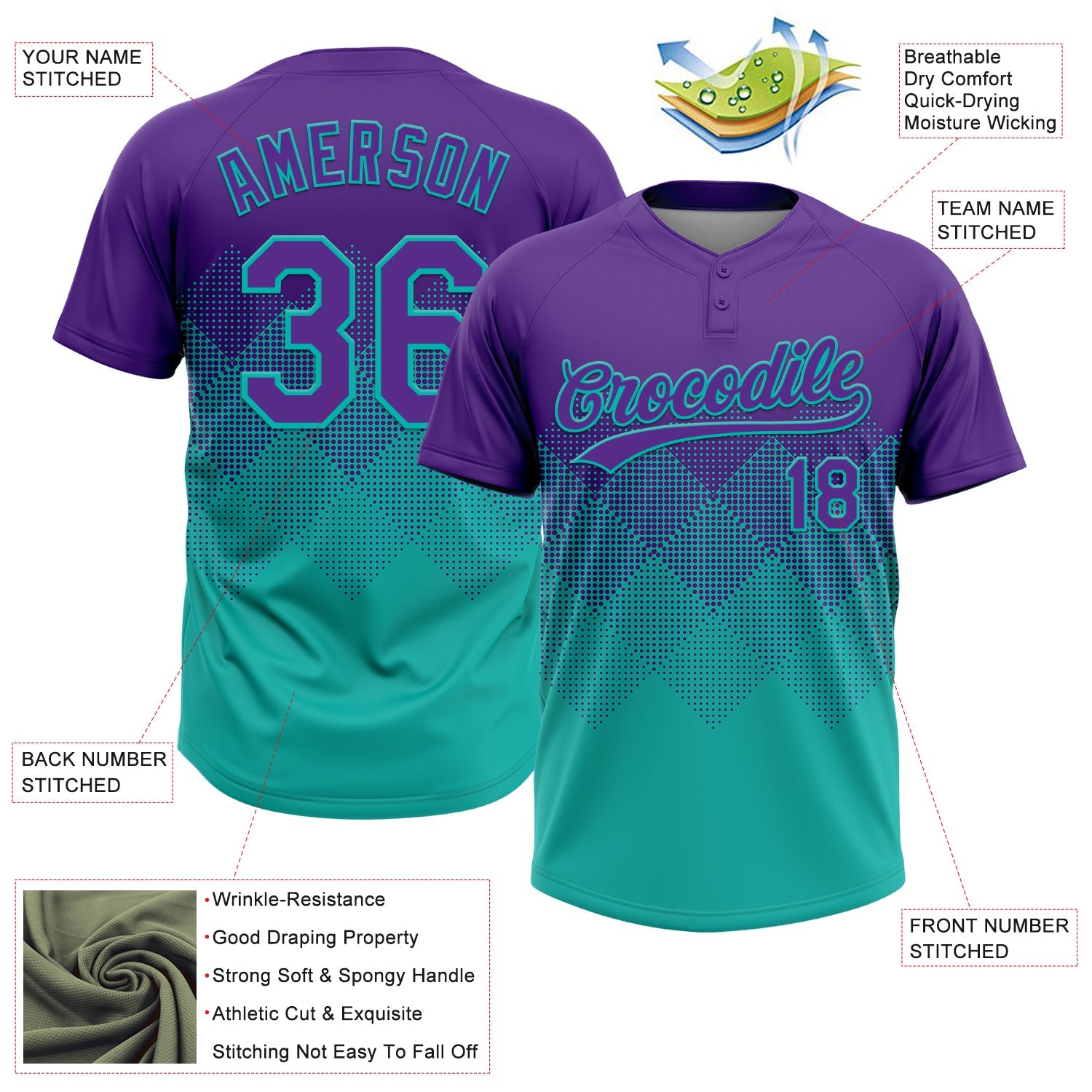 Custom Purple Aqua 3D Gradient Square Shape Two-Button Unisex Softball Jersey