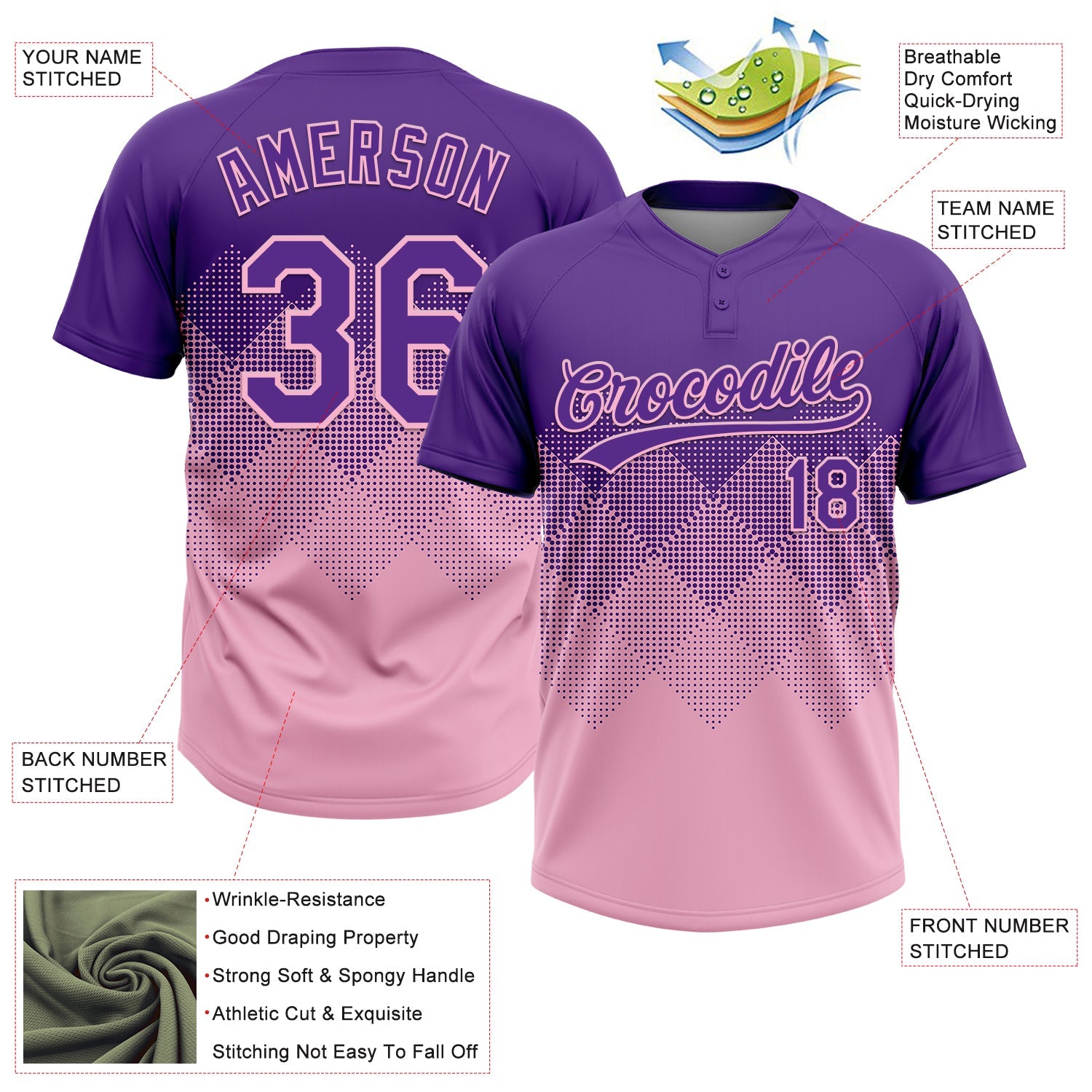 Custom Purple Light Pink 3D Gradient Square Shape Two-Button Unisex Softball Jersey