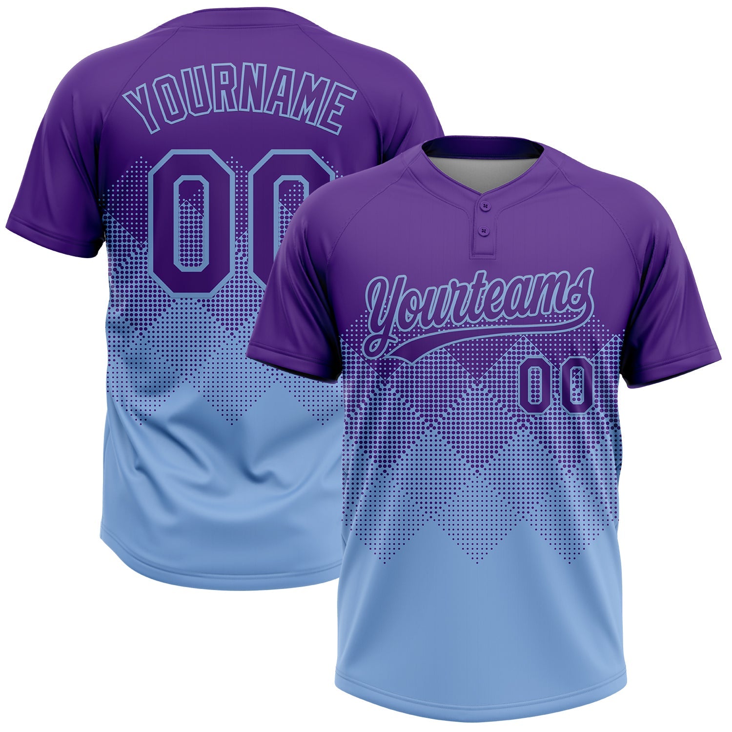 Custom Purple Light Blue 3D Gradient Square Shape Two-Button Unisex Softball Jersey