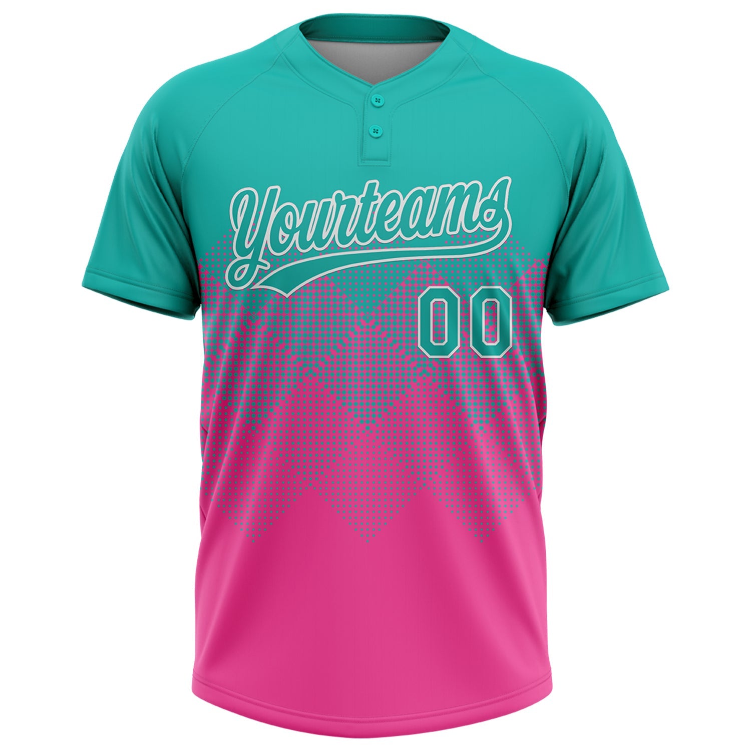 Custom Aqua Pink-White 3D Gradient Square Shape Two-Button Unisex Softball Jersey