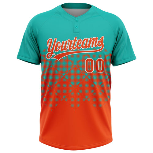 Custom Aqua Orange-White 3D Gradient Square Shape Two-Button Unisex Softball Jersey