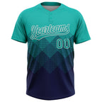 Custom Aqua Navy-White 3D Gradient Square Shape Two-Button Unisex Softball Jersey