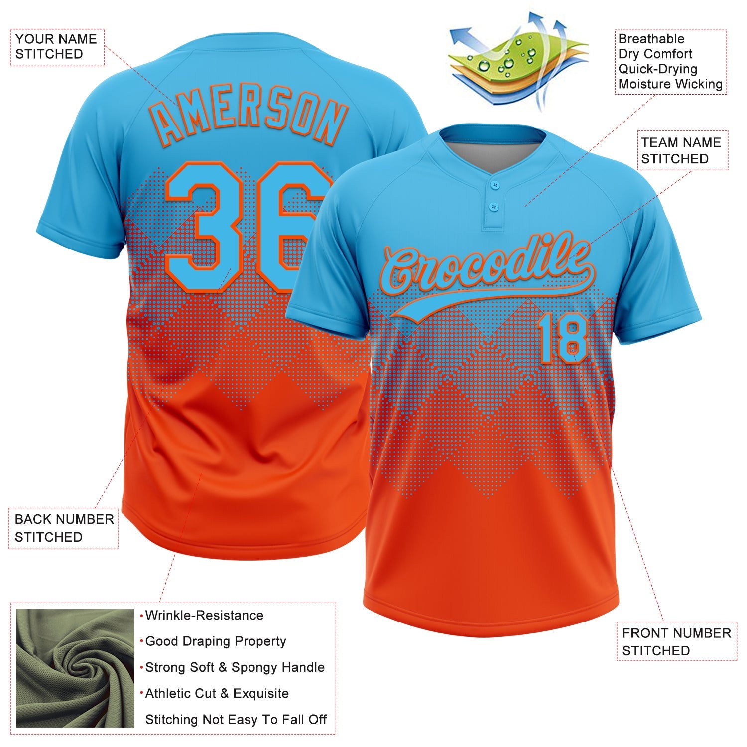 Custom Sky Blue Orange 3D Gradient Square Shape Two-Button Unisex Softball Jersey