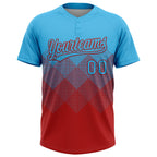 Custom Sky Blue Red 3D Gradient Square Shape Two-Button Unisex Softball Jersey