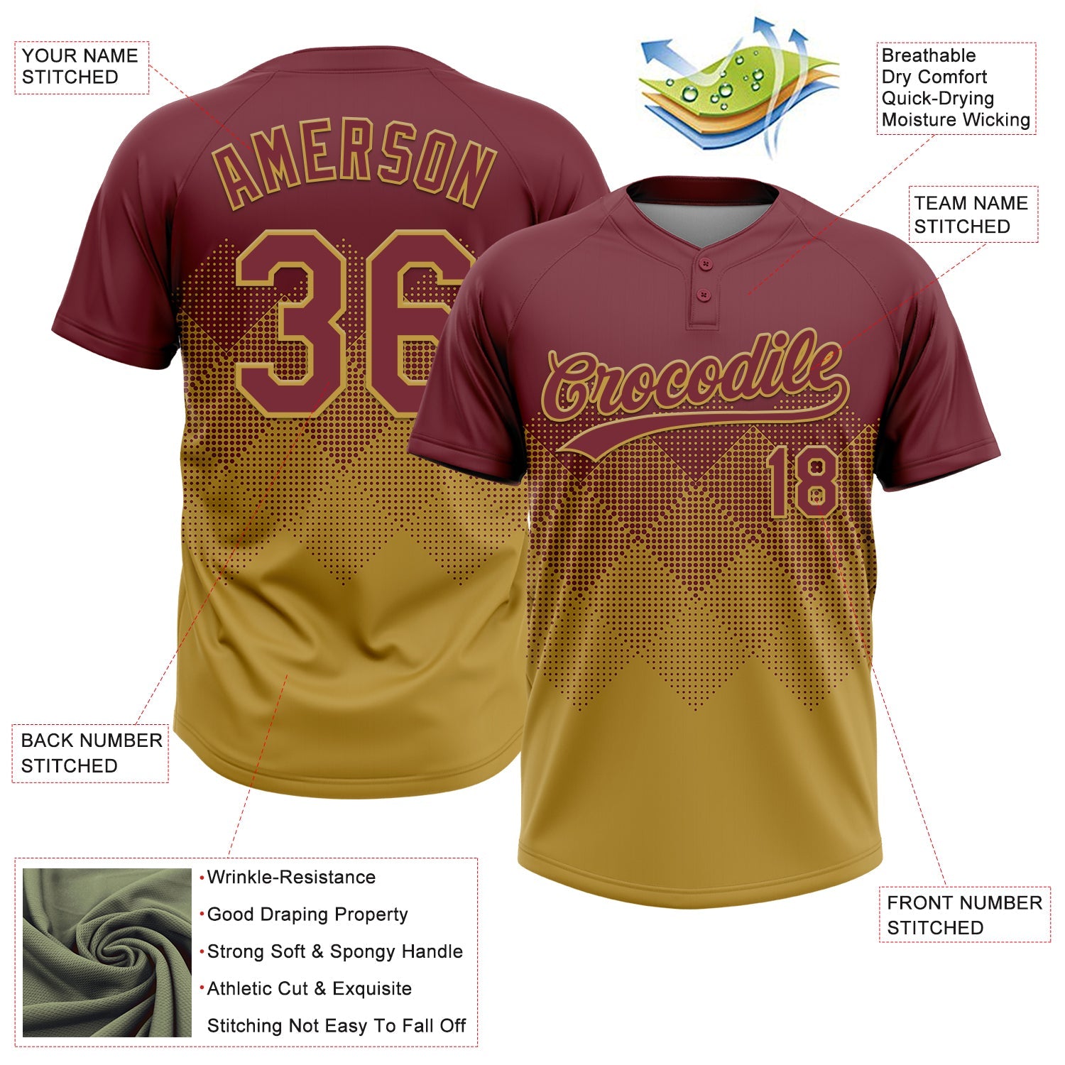 Custom Burgundy Old Gold 3D Gradient Square Shape Two-Button Unisex Softball Jersey